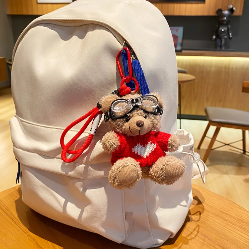 Kawaii Pilot Bear Plush Keychain With Bell Charm